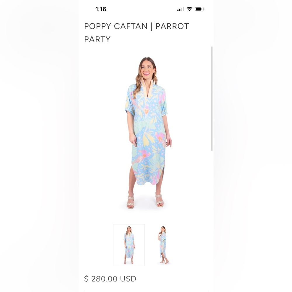 Emily McCarthy Size Large Poppy Caftan - Party Parrot print